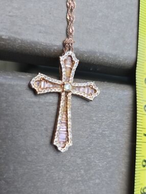 Rose Gold Cross Pendant Necklace with Pink Accents